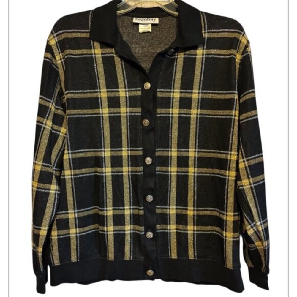 Vintage Eccobay Black & Gold Metallic Button Sweater Size Large